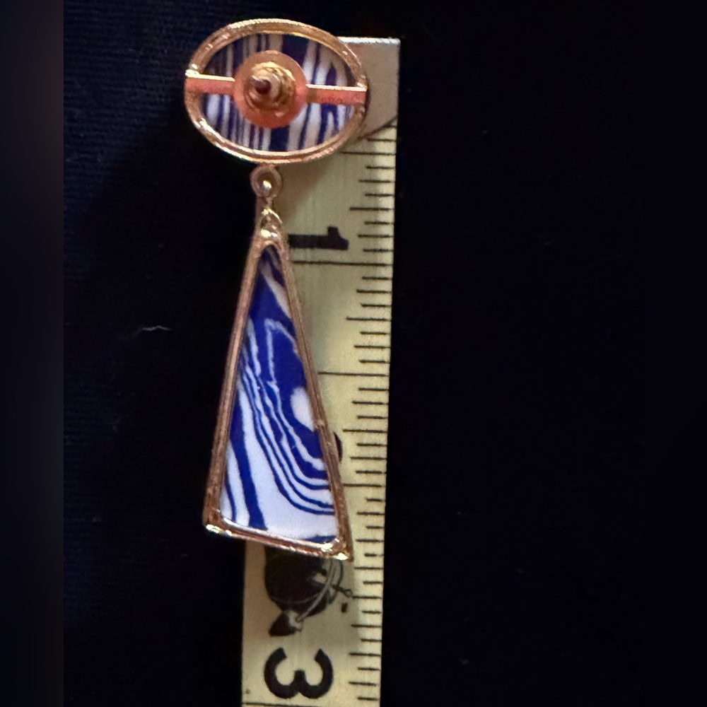 Blue and White Patterned Triangle Gold Border Dangling Statement Post Earrings - Picture 4 of 16
